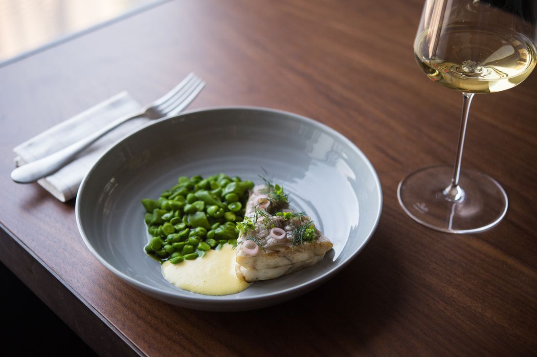 Atlantic Turbot with English Peas and Hollandaise. (Photo by Daniel Krieger)